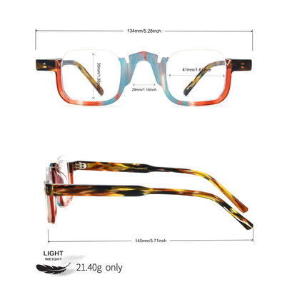 Size chart of VoyueLens crystal aurora square acetate eyeglasses with detailed frame dimensions