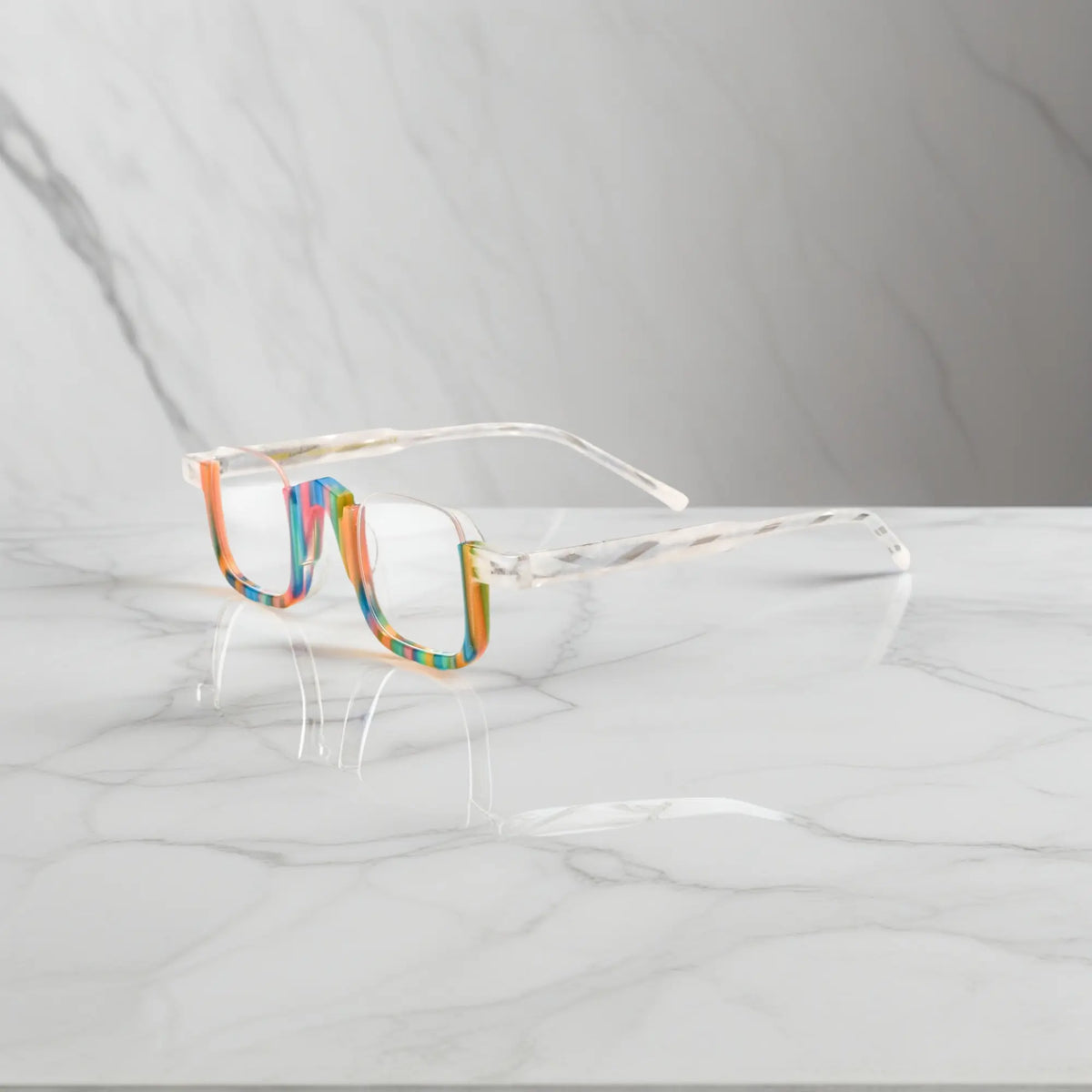 Side angle of VoyueLens crystal aurora optical eyeglasses with square frame, vibrant color gradient