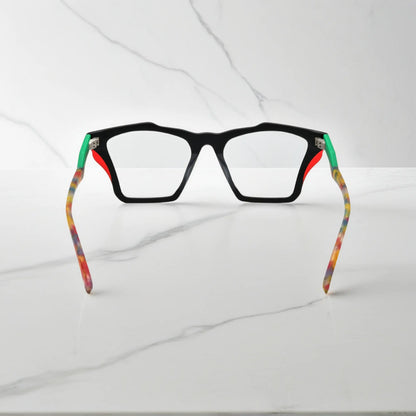 Rear view of VoyueLens Crystal Confetti frame, displaying translucent frosted acetate with pastel speckles from the inner frame and hinge area.