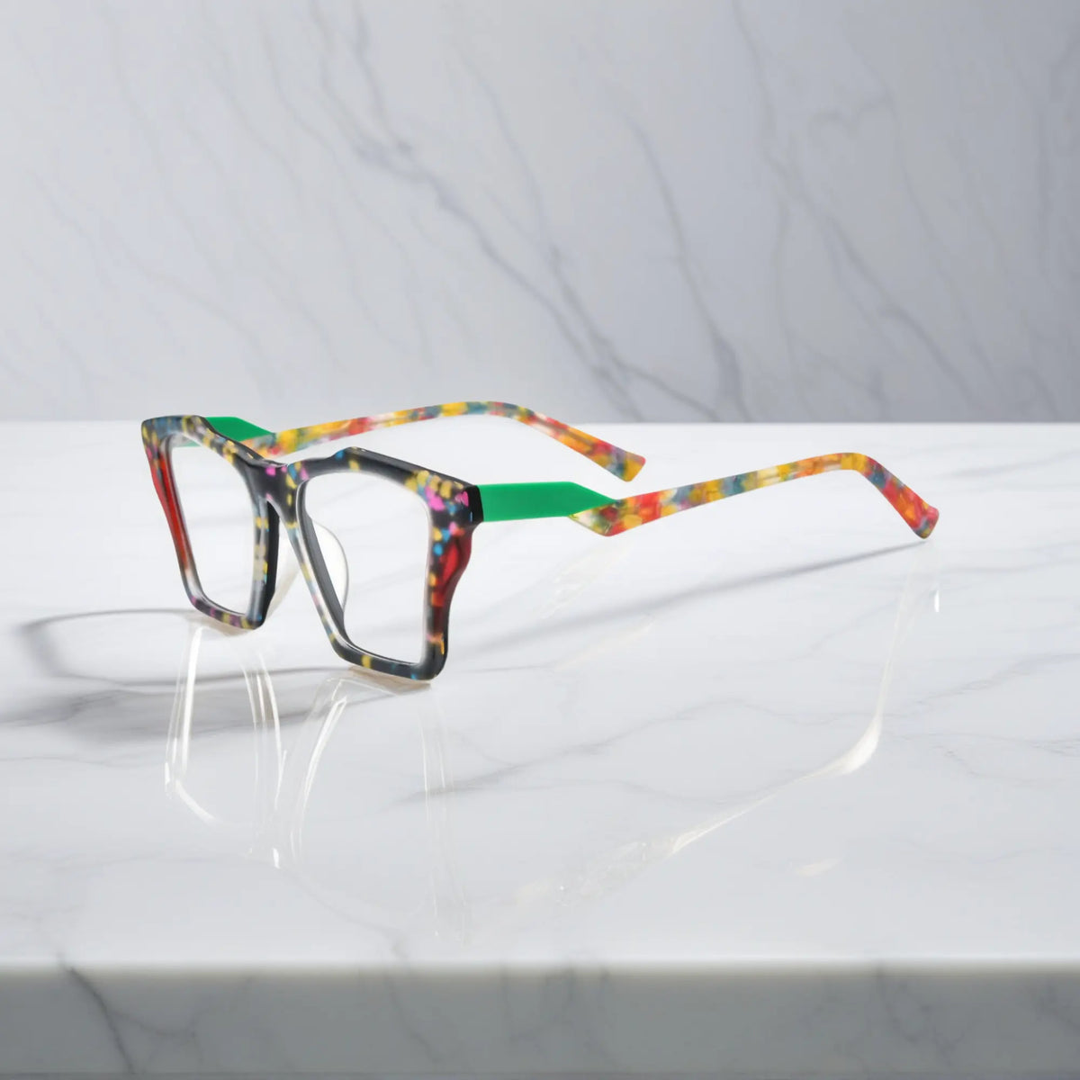 Side profile of VoyueLens Crystal Confetti glasses, highlighting translucent frosted acetate with pastel speckles and ergonomic acetate arms.