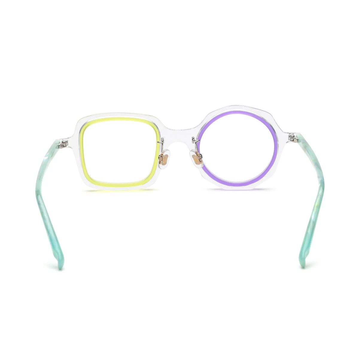 VoyueLens geometric eyeglasses in Crystal Lilac color, rear view highlighting acetate structure and temple tips.