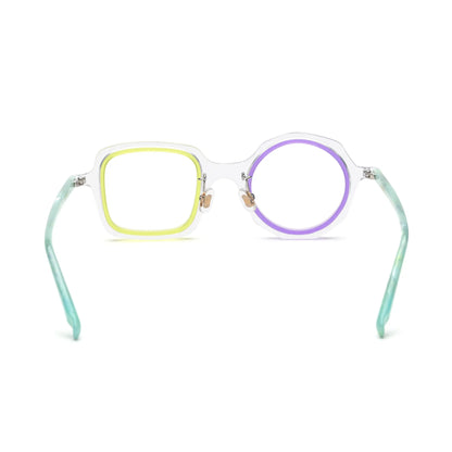 VoyueLens geometric eyeglasses in Crystal Lilac color, rear view highlighting acetate structure and temple tips.