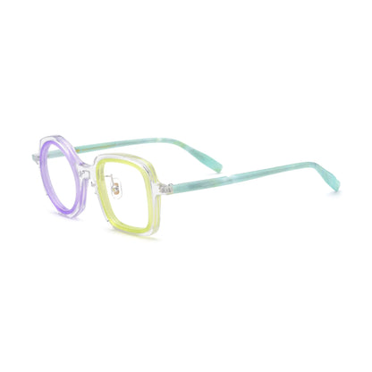 VoyueLens geometric eyeglasses in Crystal Lilac color, side view showing dual-tone design and spring hinges.