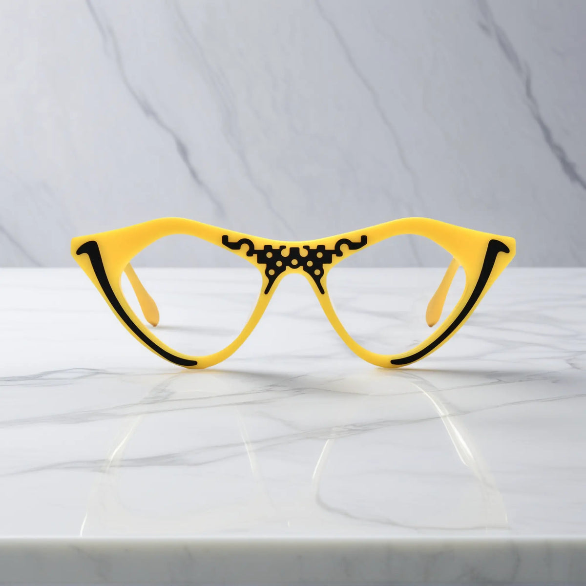 Cyber Yellow VoyueLens pixel cat-eye glasses front view