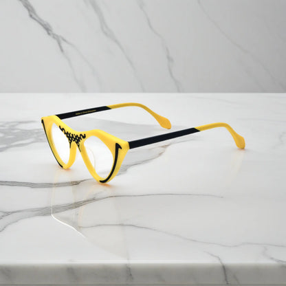 Cyber Yellow VoyueLens pixel cat-eye glasses side profile