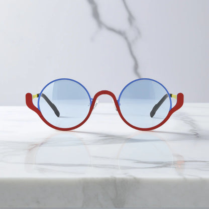 Front view of VoyueLens ChromoPop eyeglasses in Electric Rust – blue and red titanium mix