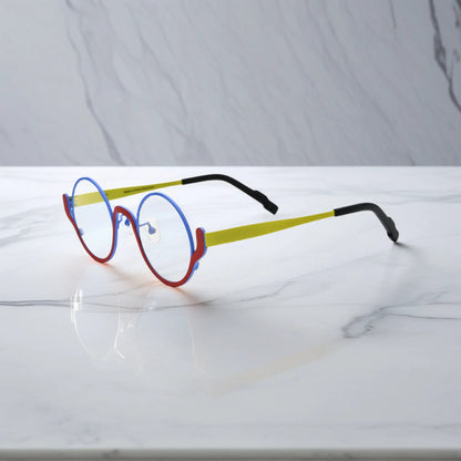 Side profile of Electric Rust VoyueLens glasses – bold contrast of colors in metal frame