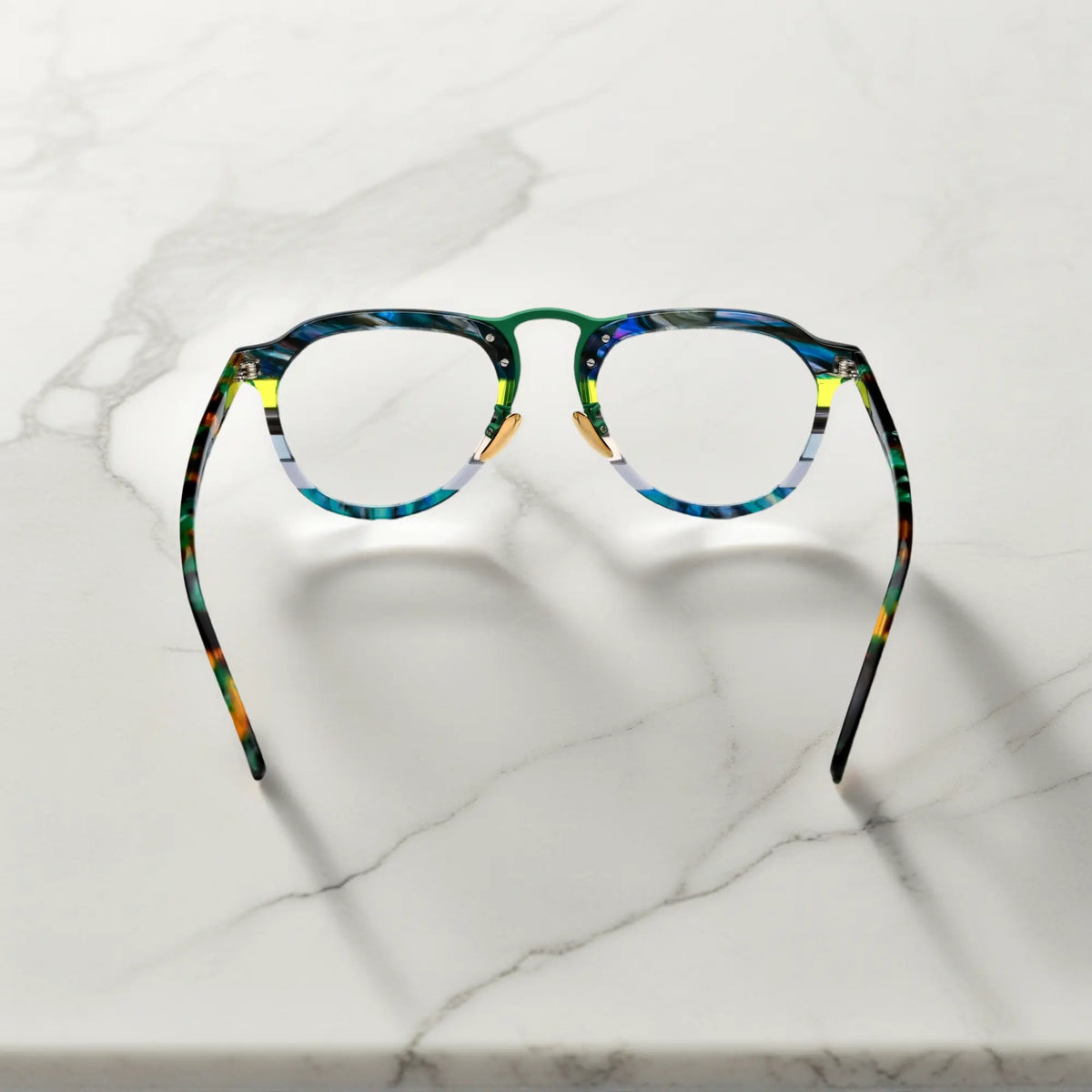 Rear view of VoyueLens Forest Aurora green amber acetate aviator glasses