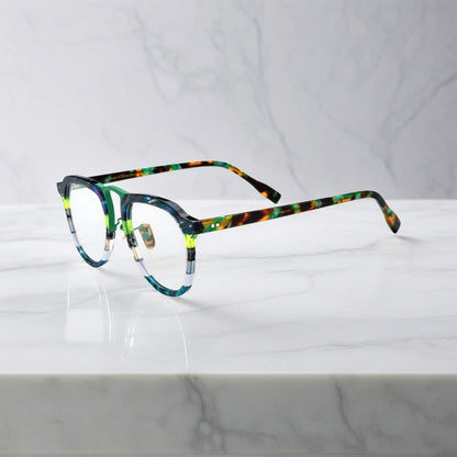 Side profile of VoyueLens Forest Aurora green amber acetate aviator glasses