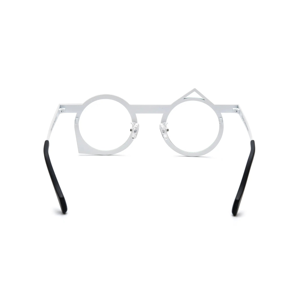 Rear view of VoyueLens VL185801 green-white artistic eyeglasses made of pure titanium with silicone nose pads.