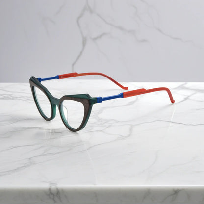 Side profile of Forest Marble VoyueLens butterfly eyeglasses with translucent green acetate arms and spring hinges.