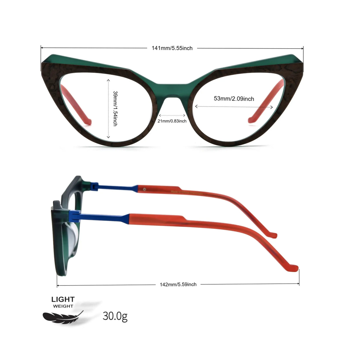 Sizing chart for Forest Marble VoyueLens butterfly eyeglasses with dimensions labeled in mm and inches.