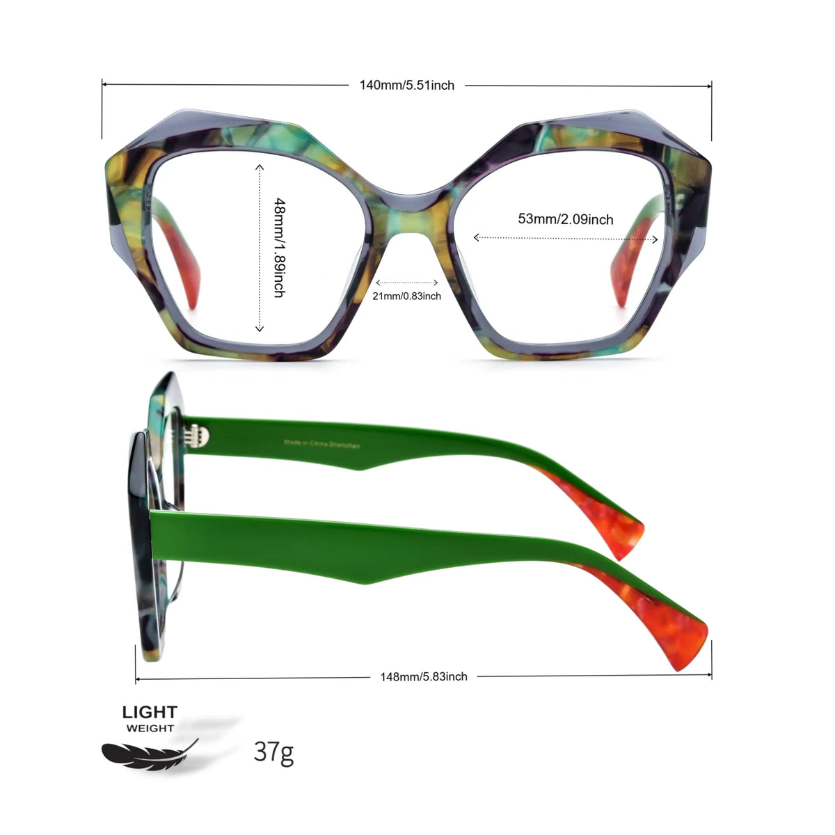 Eyeglasses measurement chart for VoyueLens Forest Marble showing detailed dimensions for accurate fit.