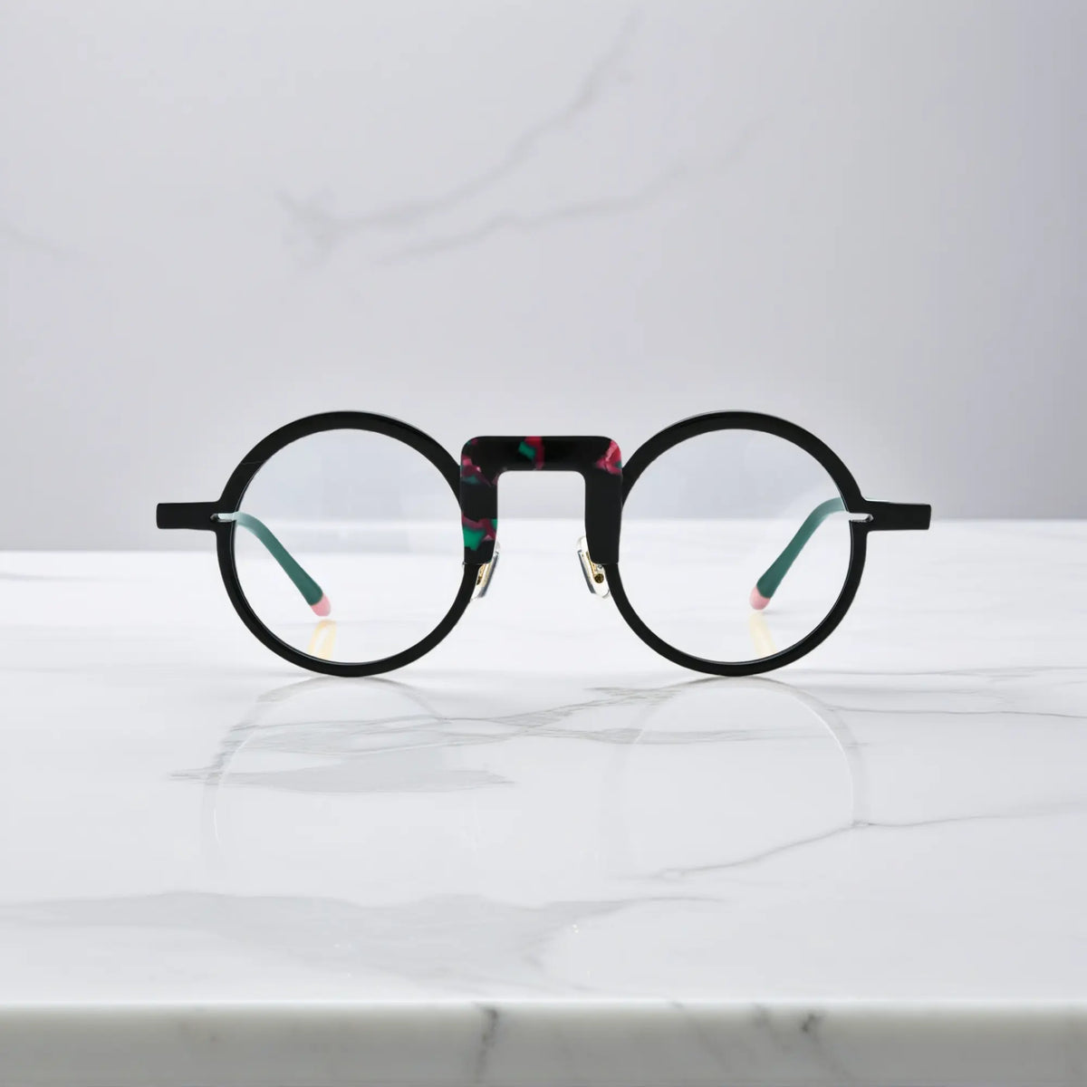 Rear view highlighting bridge and temple design of Scarlet Noir frame