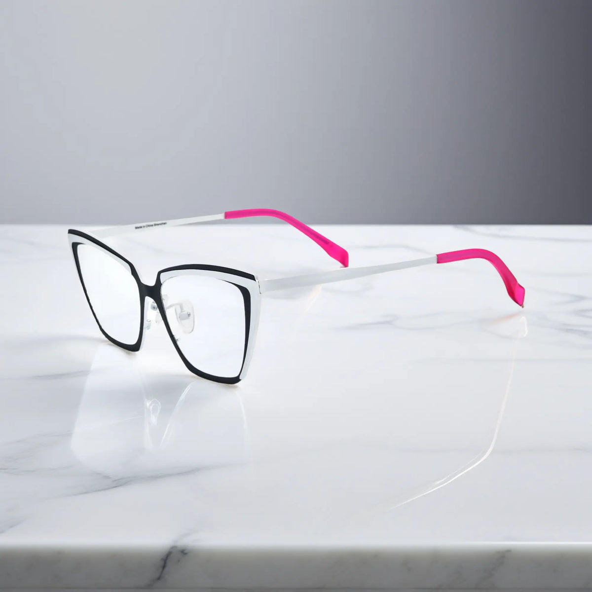 Side angle of black and white VoyueLens VL185809 Graphite Whisper glasses