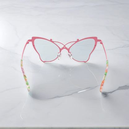 Back of VoyueLens VL185862 titanium butterfly eyeglasses in Green Blush – a lightweight, colorful, vintage-inspired, prescription ready frame designed for unique artistic style and everyday comfort.