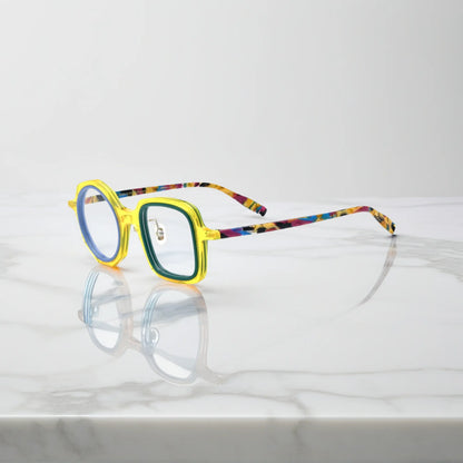 VoyueLens geometric eyeglasses in Honey Mint color, side view showing dual-tone design and spring hinges.