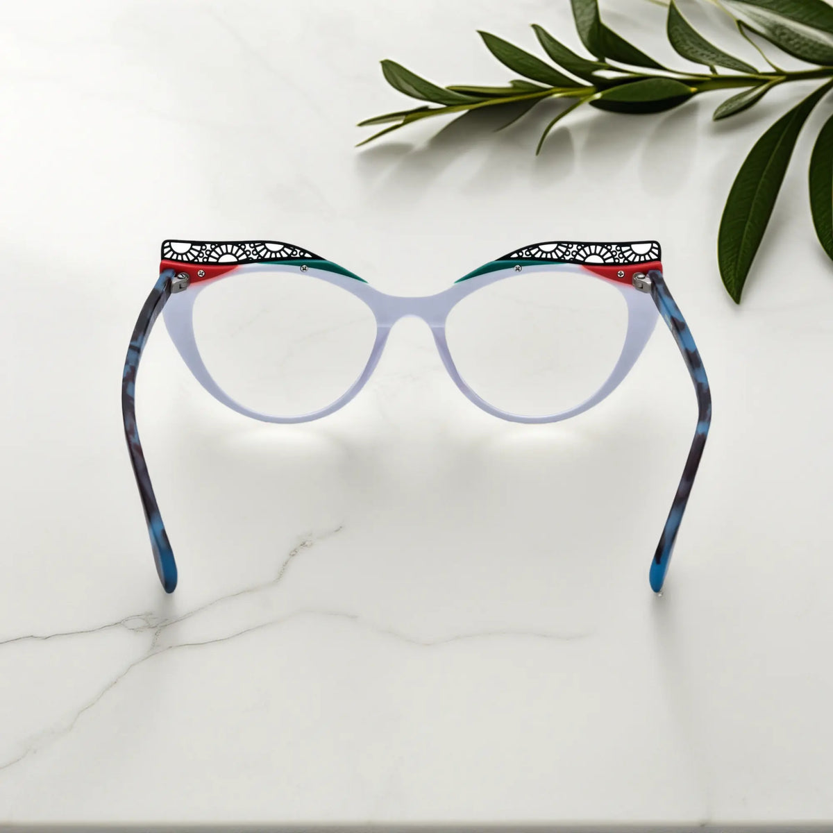 Back View of VoyueLens Ice Coral cat-eye eyeglasses with frosty white-to-coral fade and signature lace-pattern design.
