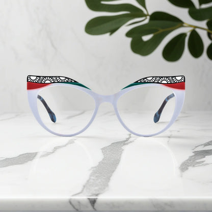 Front View of VoyueLens Ice Coral cat-eye eyeglasses with frosty white-to-coral fade and signature lace-pattern design.