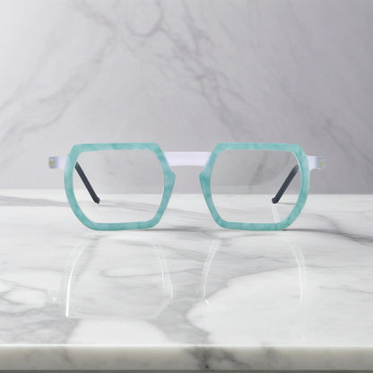 Front view of VoyueLens Ice Marble eyeglasses with translucent mint-white acetate frame in a soft matte texture
