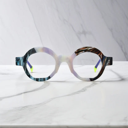 Front display of VoyueLens VL19355 Ice Marble polygon eyeglasses featuring a marbled matte finish and frosty purple temple arms