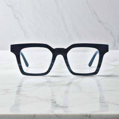 Front view of VoyueLens Indigo Mist eyeglasses with deep blue matte finish