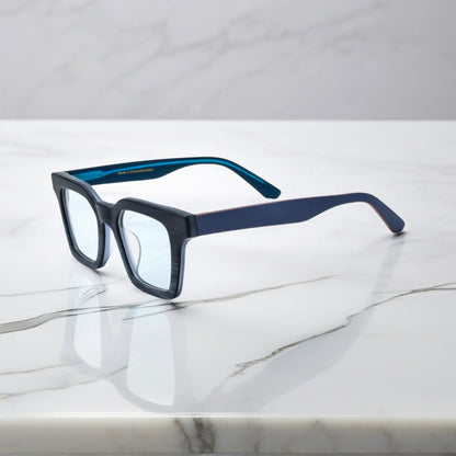 Side view of Indigo Mist eyeglasses with deep blue matte finish