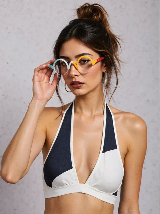 Swimwear model wearing VoyueLens Ivory-Orange semi-rimless browline eyeglasses, demonstrating stylish matte frame fit.