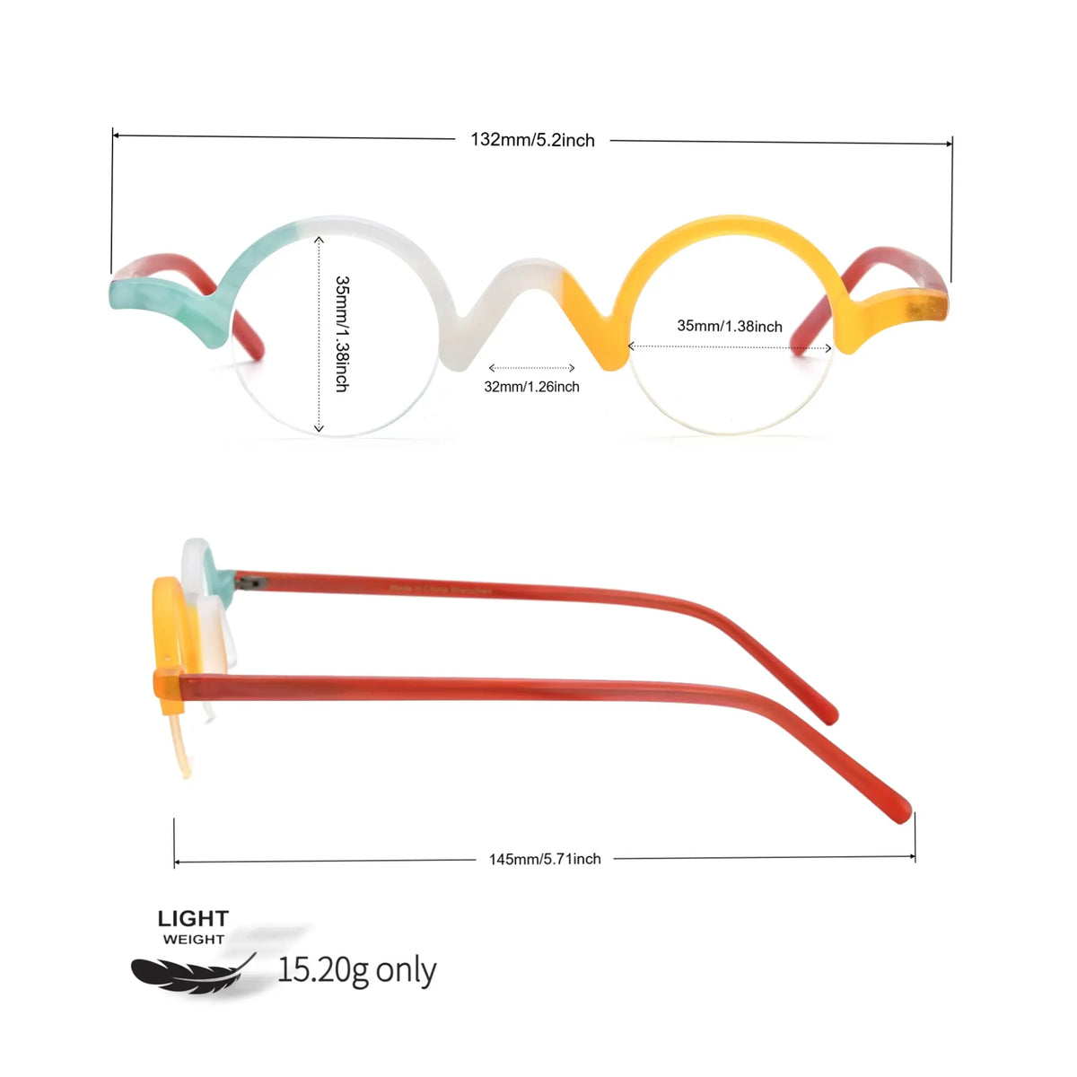 Size guide for VoyueLens Ivory-Orange semi-rimless browline eyeglasses showing frame dimensions and measurements.