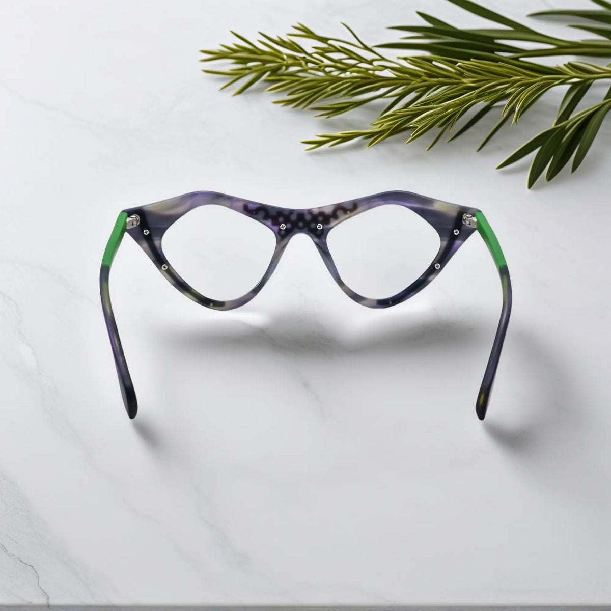 Rear view of Jungle Moss VoyueLens pixel cat-eye eyewear with forest-tone detailing