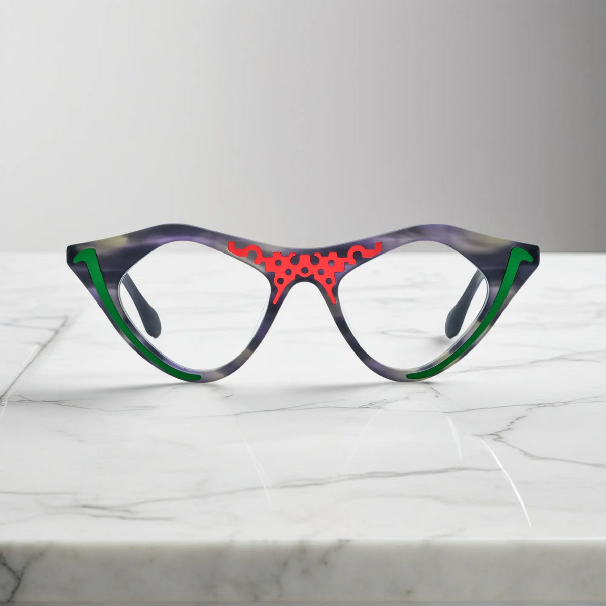 Jungle Moss VoyueLens pixel cat-eye glasses front view with deep green matte finish