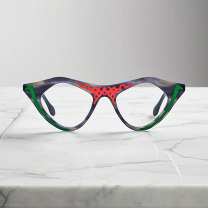 Jungle Moss VoyueLens pixel cat-eye glasses front view with deep green matte finish