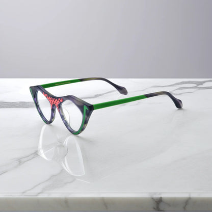 Jungle Moss VoyueLens pixel cat-eye glasses side view highlighting acetate-metal mix
