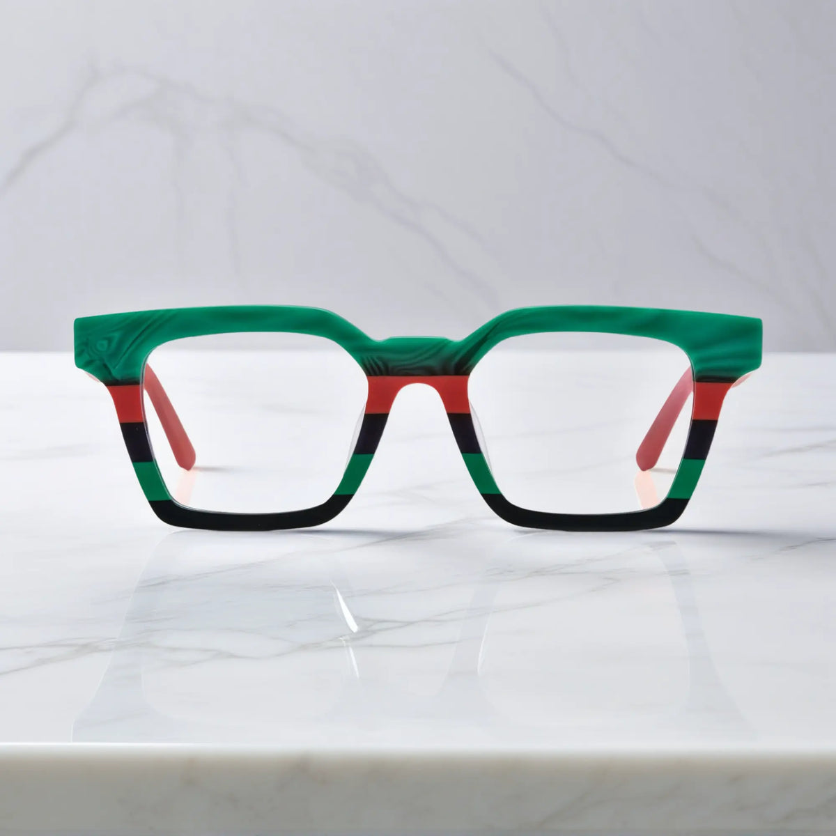 Front view of VoyueLens Jungle Stripe eyeglasses in Jungle Stripe – green, red, and black square frame