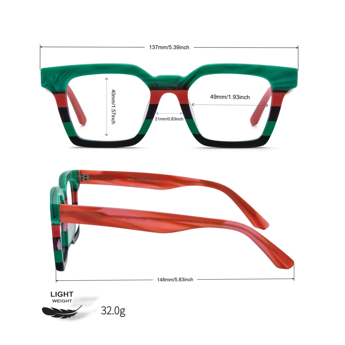 Jungle Stripe eyeglasses size chart in Jungle Stripe – green, red, and black square frame