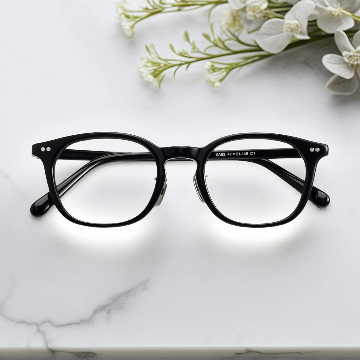 front view of VoyueLens KA62 eyeglasses with measurements (dimensions labeled on the frame)