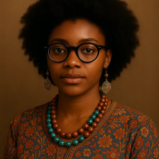 Model wearing VoyueLens VL-KC53 black round eyeglasses with bohemian-style jewelry and floral ethnic attire, front-facing portrait on warm-toned background.