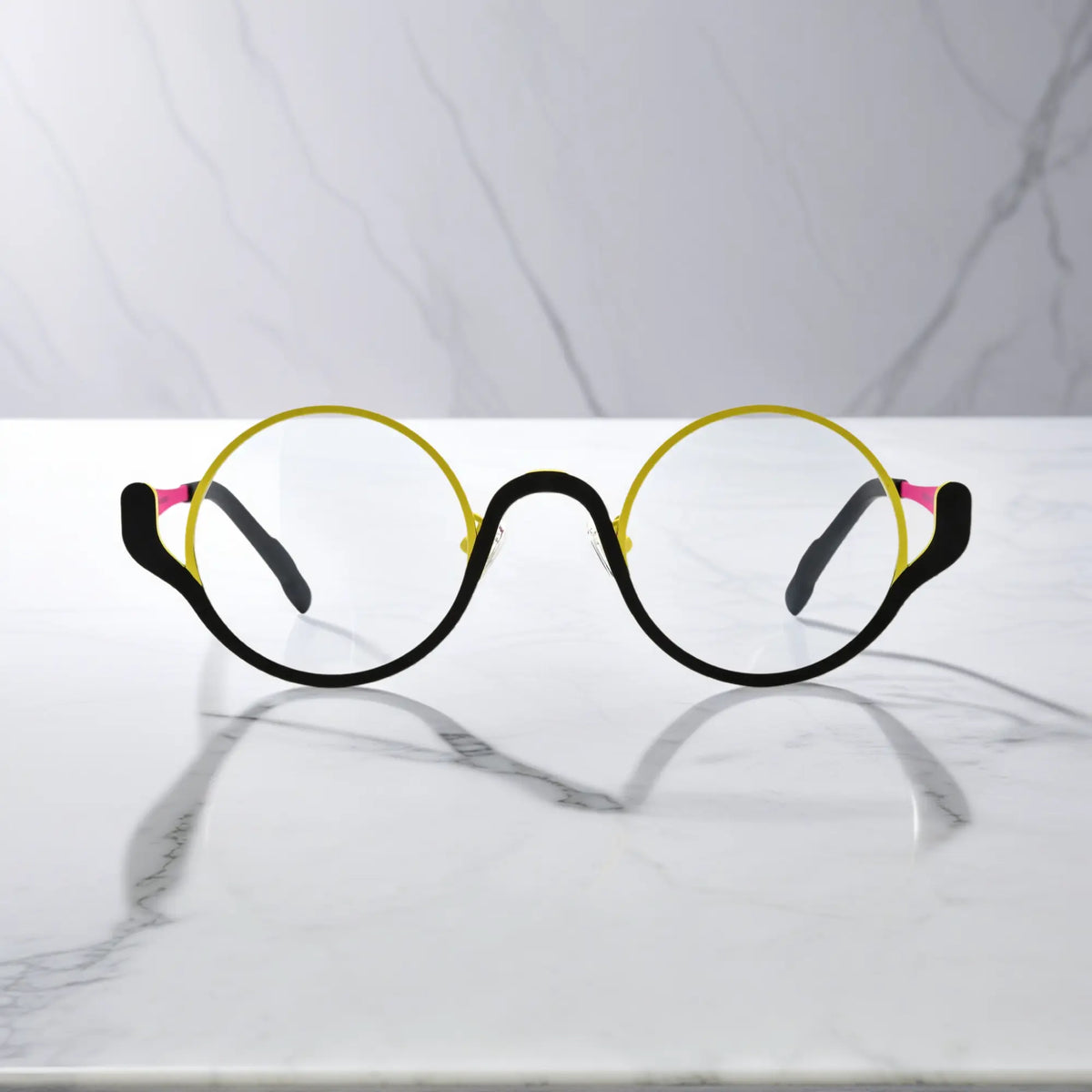 Front-facing image of VoyueLens Lemon Graphite round eyeglasses – yellow and black color scheme