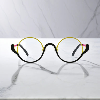 Front-facing image of VoyueLens Lemon Graphite round eyeglasses – yellow and black color scheme