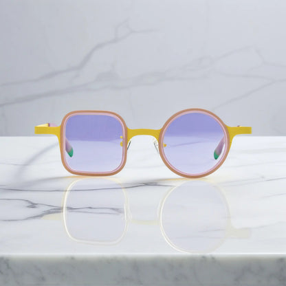 Front view of VoyueLens Lemon Pink eyeglasses featuring vibrant acetate frame and dual-shape lenses.