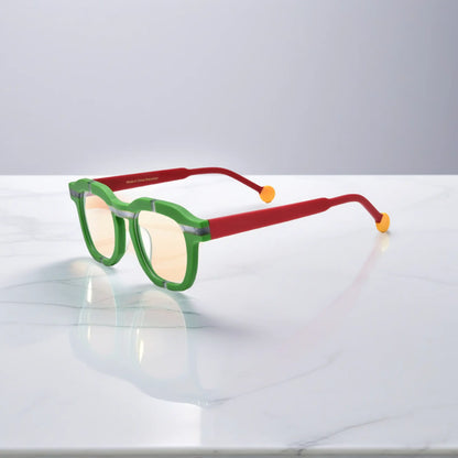 Side view of VoyueLens VL19363 Lime Blaze matte green eyeglasses with red temples and yellow tips