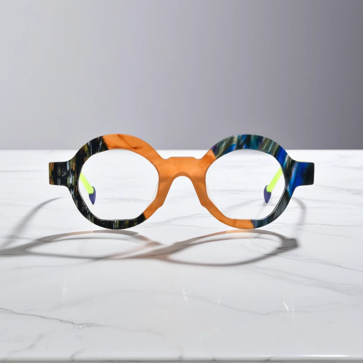 Front view of VoyueLens VL19355 Lime Tortoiseshell polygon eyeglasses with a vibrant lime green matte finish and bold contrast