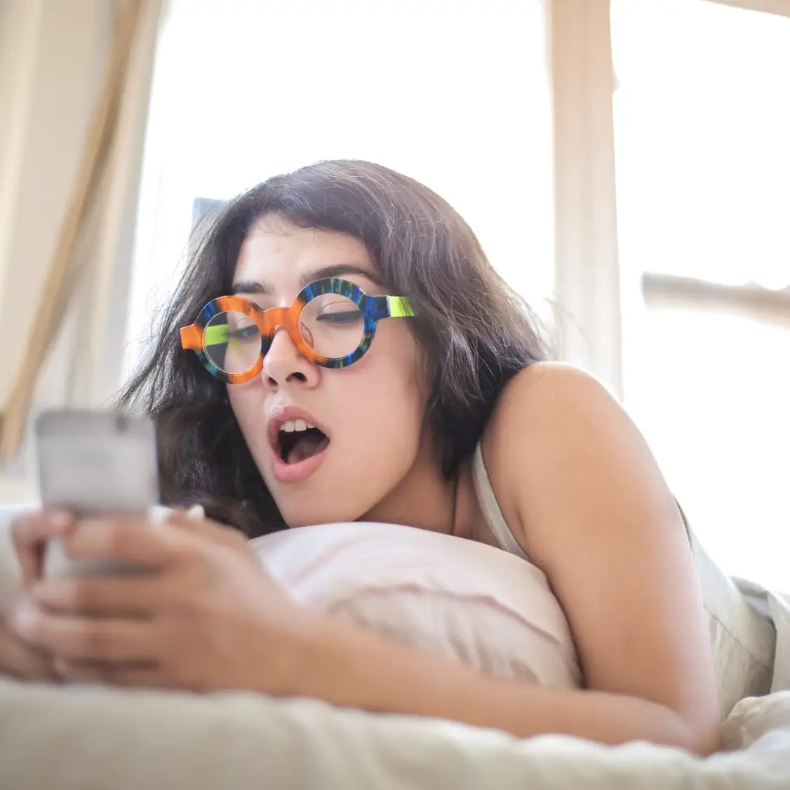Model shot with Lime Tortoiseshell VoyueLens glasses, showcasing unique color combo and frosted acetate comfort