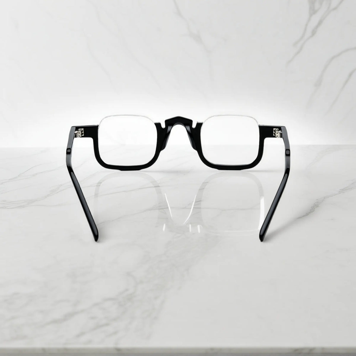 Rear view of VoyueLens midnight black square glasses frame with polished acetate finish