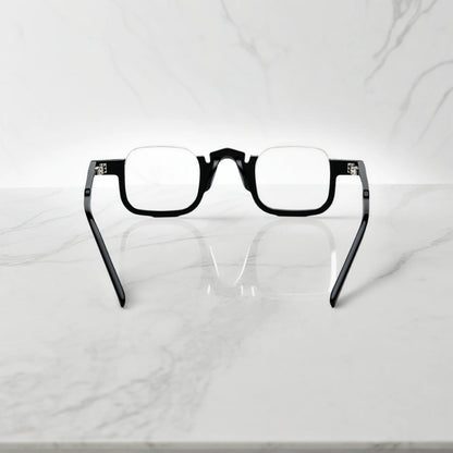 Rear view of VoyueLens midnight black square glasses frame with polished acetate finish