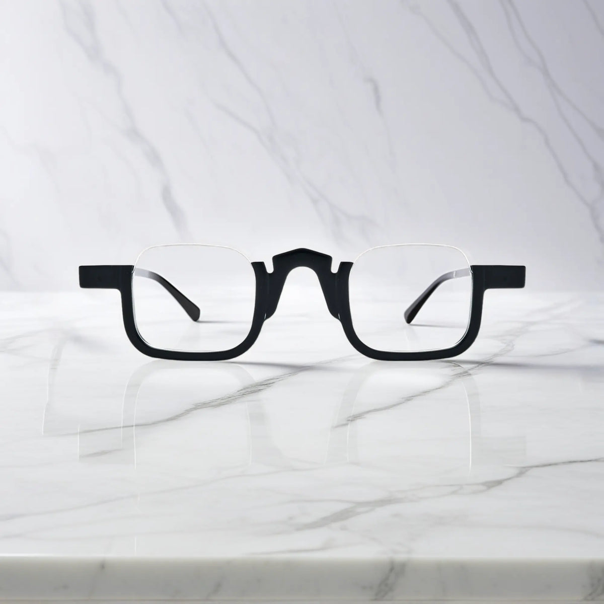 Front view of VoyueLens square eyeglasses in midnight black acetate, classic modern prescription frame