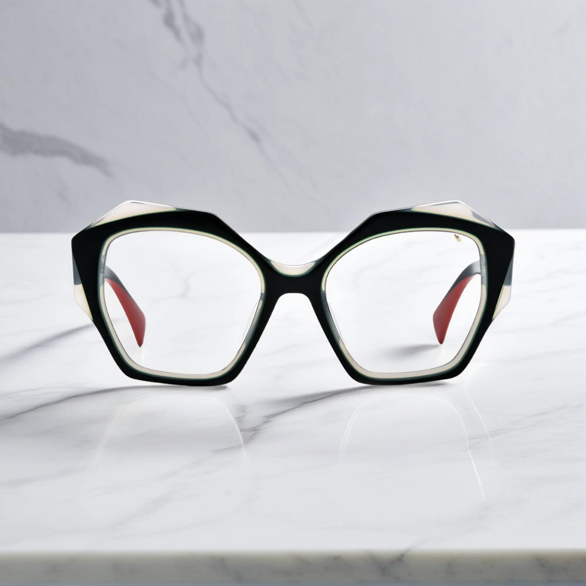 Front-facing image of VoyueLens Midnight Core eyeglasses with striking black frame and structured shape.
