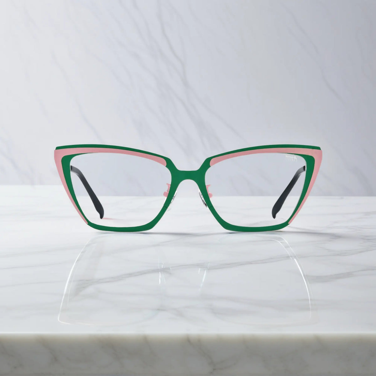 Front view of VoyueLens VL185809 Mint Blush cat-eye glasses in green-pink titanium frame