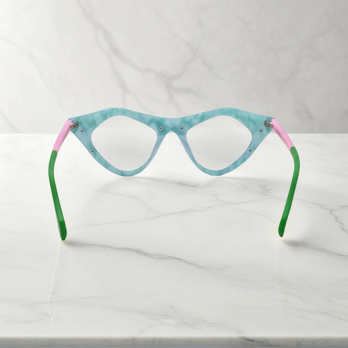 Rear view of Mint Sorbet VoyueLens pixel cat-eye eyewear with pastel matte finish