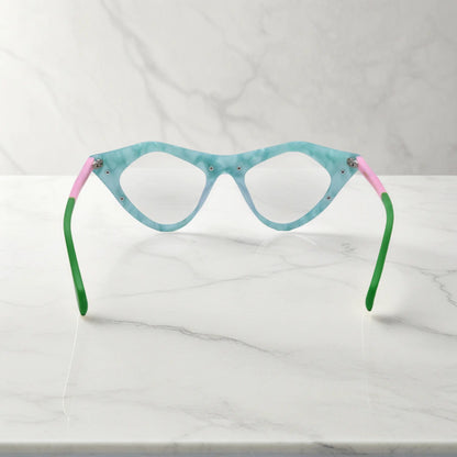 Rear view of Mint Sorbet VoyueLens pixel cat-eye eyewear with pastel matte finish